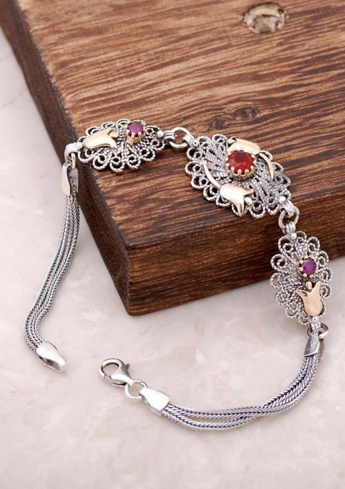 Laleli Telkari İşlemeli Gümüş Tasarım Bileklik 2945