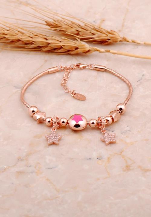 Pembe Mineli Yıldız Tasarımlı Rose Gümüş Şans Bileklik 4502