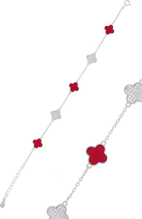 Yoncalı Kırmızı Mineli Taşlı Rodyumlu Gümüş Bileklik 3775