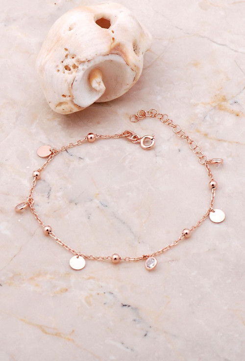 Pullu Taşlı Sallantılı Rose Gümüş Toplu Bileklik 3645
