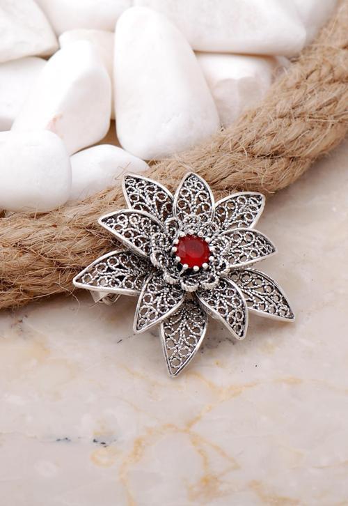 Kök Yakut Taşlı Lotus Telkari Elişi Gümüş Broş 351