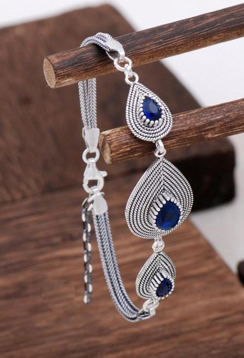 Safir Taşlı Tasarım Telkari Gümüş Bileklik 3128