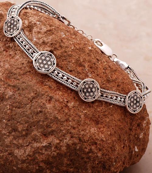 Yaşam Çiçeği Hasır Elişi Oksitli Tasarım Gümüş Bileklik 4335