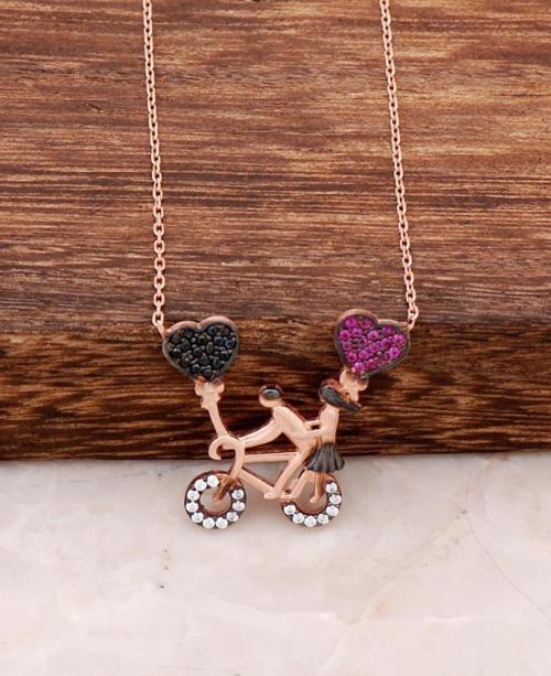 Bisikletli Aşıklar Ros Gümüş Kolye 2373