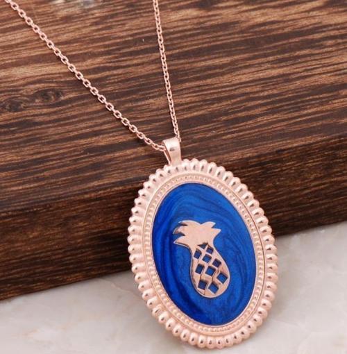 Ananas Mineli Plaka Rose Gümüş Kolye 2611