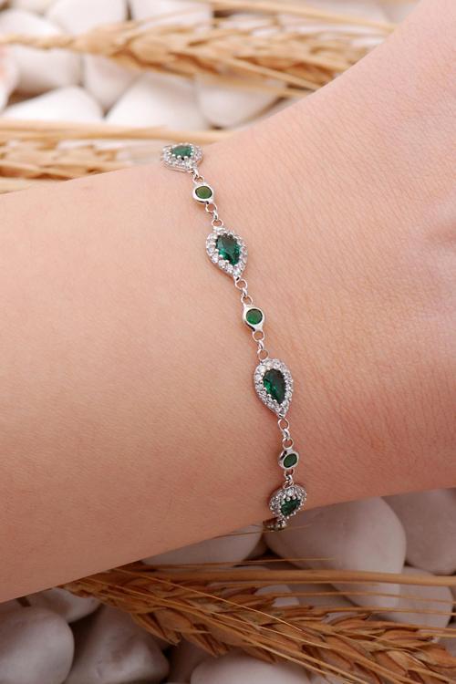 Yeşil Zirkon Damla Montürlü Rodyumlu Gümüş Bileklik 3909