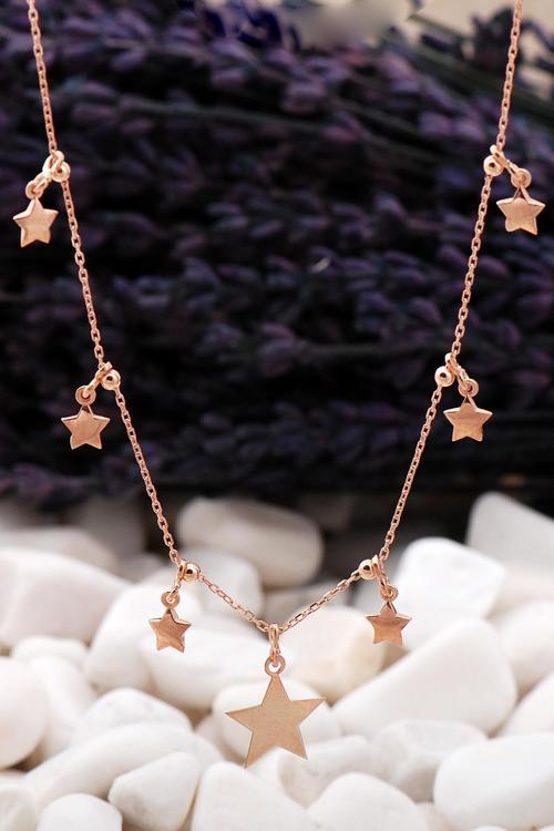 Yıldız Sıralı Rose Gümüş Kolye 17