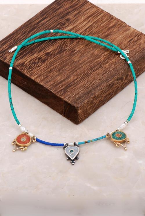 Doğal Taşlı Mozaik İşlemeli Gümüş Kolye 6529