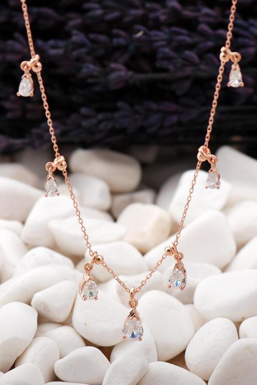 Damla Sıra Taşlı Rose Gümüş Kolye 21