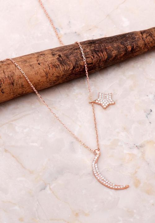 Ay Ve Yıldız Rose Gümüş Tasarım Kolye 6995