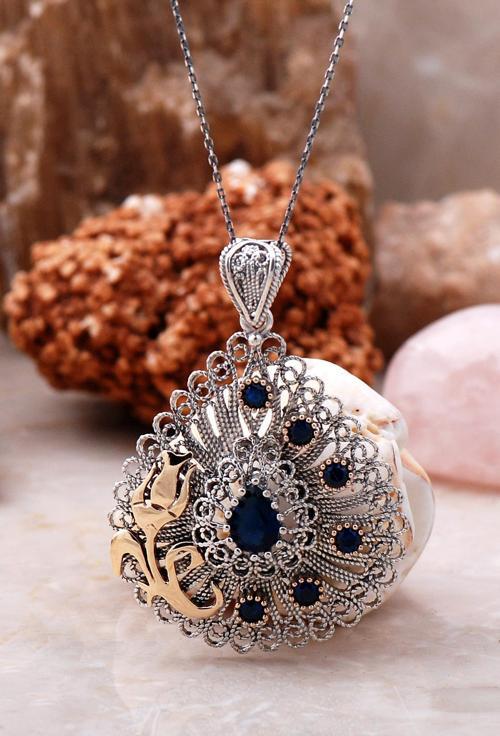 Telkari İşlemeli Safir Taşlı Laleli Tasarım Gümüş Kolye 3892