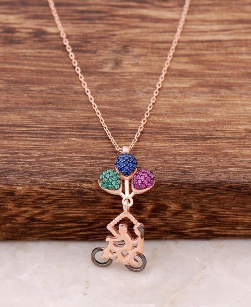 Mutluluktan Uçan Aşıklar Bisikletli Rose Gümüş Kolye 4057