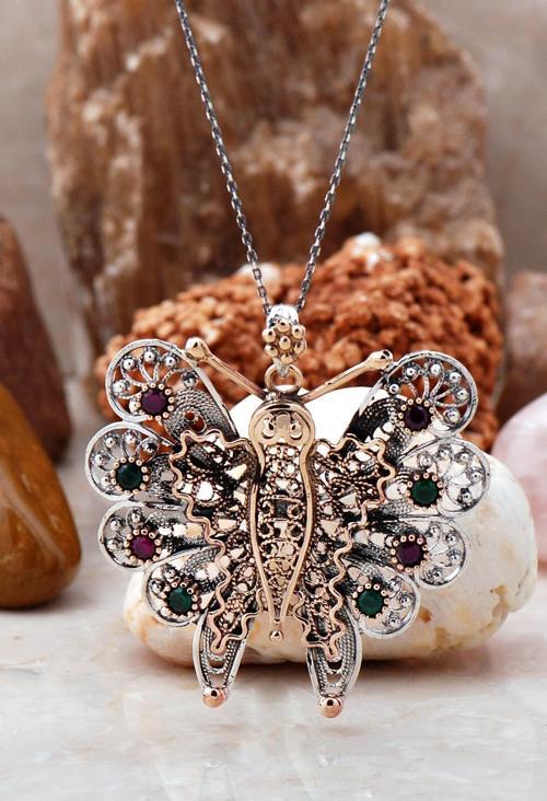 Telkari İşlemeli Tasarım Kelebek Kolye 6702