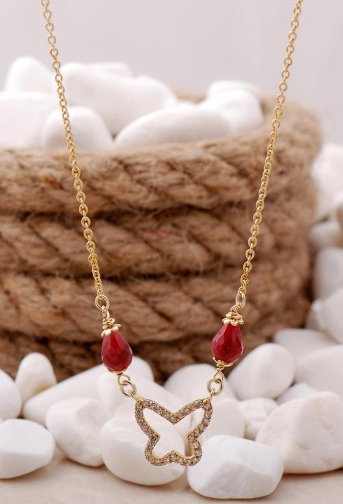 Kök Yakut Taşlı Altın Yaldızlı Gümüş Kelebek Kolye 94