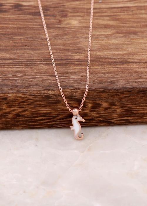 Deniz Atı Mineli Rose Gümüş Minimal Kolye 6167