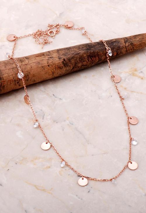Pullu Sallantılı Taşlı Rose Gümüş Kolye 7108