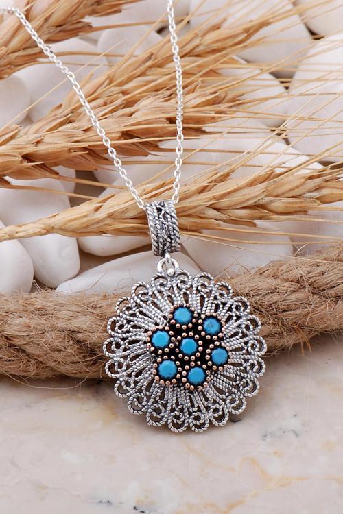 Turkuaz Telkari İşlemeli Gümüş Kolye 6766