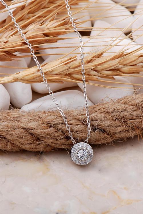 Elmas Montürlü 7 mm Rodyumlu Gümüş Kolye 7707