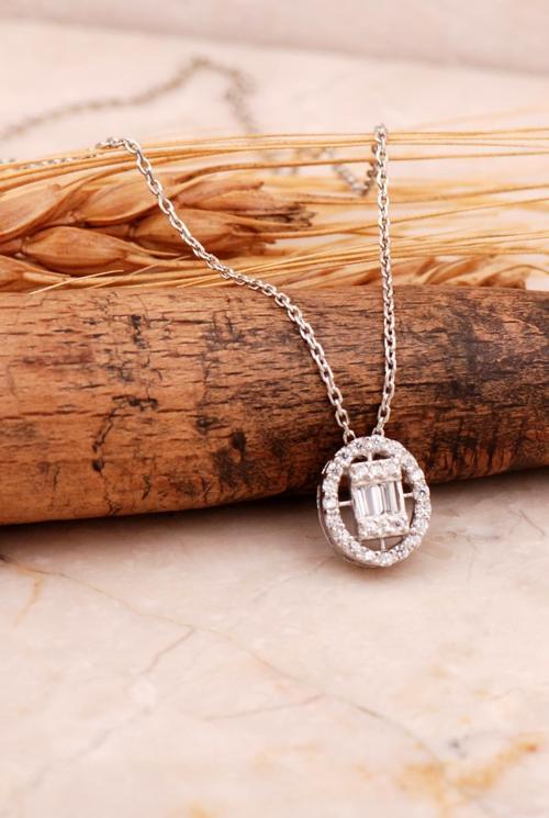 Baget Oval Rodyumlu Gümüş Kolye 7721