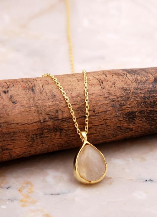 Doğal Sarı Rutil Kuvars Taşlı Damla Mini Altın Yaldızlı Gümüş Kolye 7744