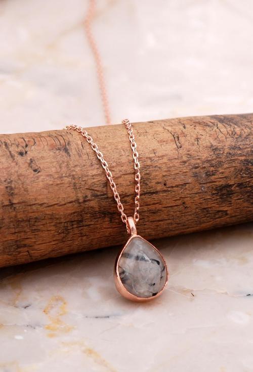 Doğal Rutil Kuvars Taşlı Damla Mini Rose Gümüş Kolye 7749