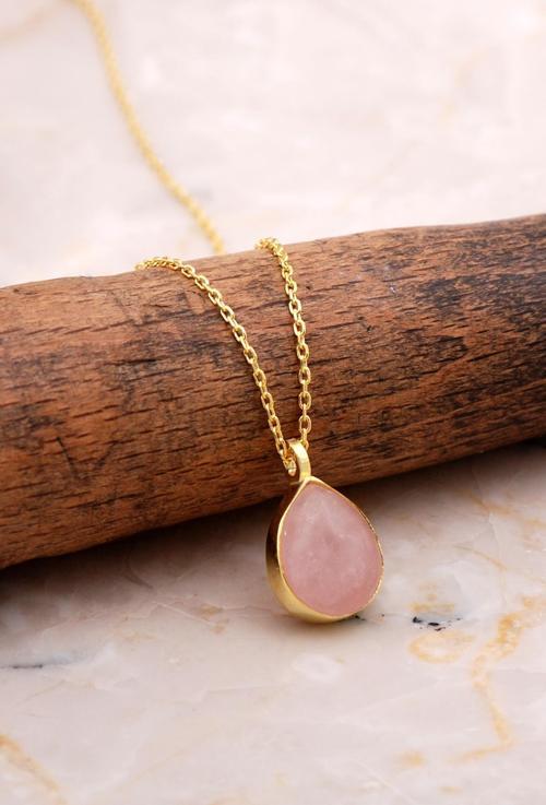 Doğal Pembe Kuvars Taşlı Damla Mini Altın Yaldızlı Gümüş Kolye 7750