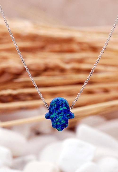 Opal Taşlı Bereket Eli Rodyumlu Gümüş Kolye 7385