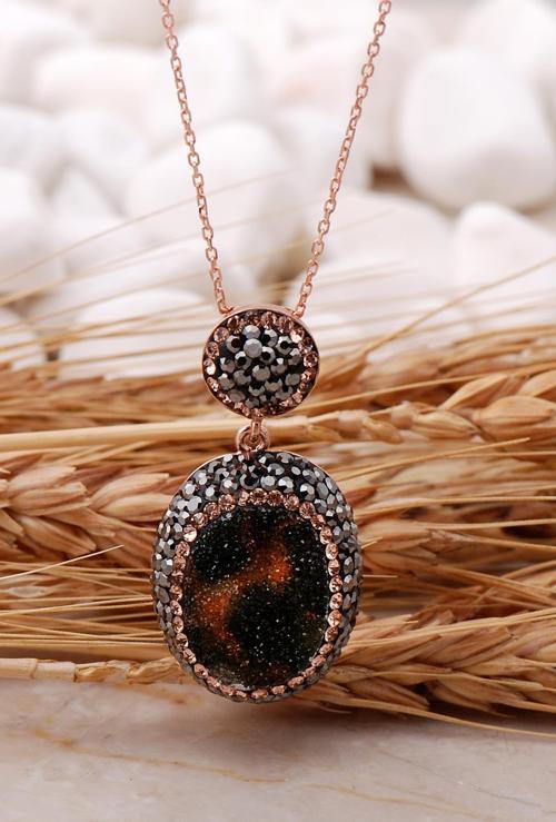 Doğal Krizopraz Taşlı Oval Rose Gümüş Kolye 7437