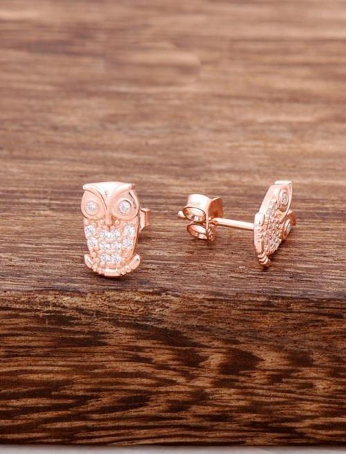 Rose Gümüş Taşlı Baykuş Tasarım Küpe 3755