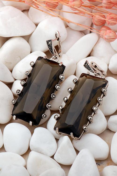 Topaz ve Markazit Taşlı Tasarım Gümüş Küpe 118