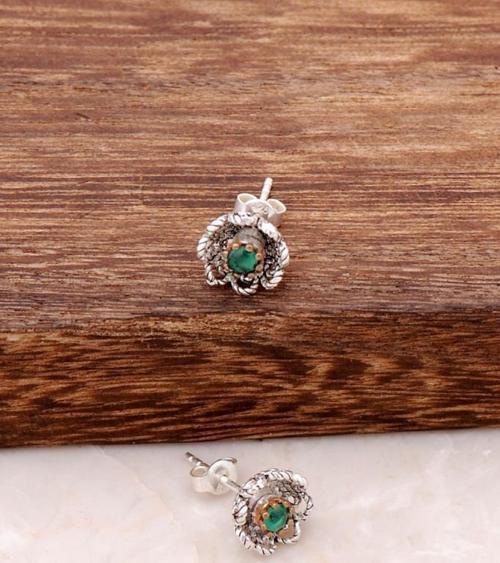 Kök Zümrüt Taşlı Gümüş Telkari Mini Küpe 482