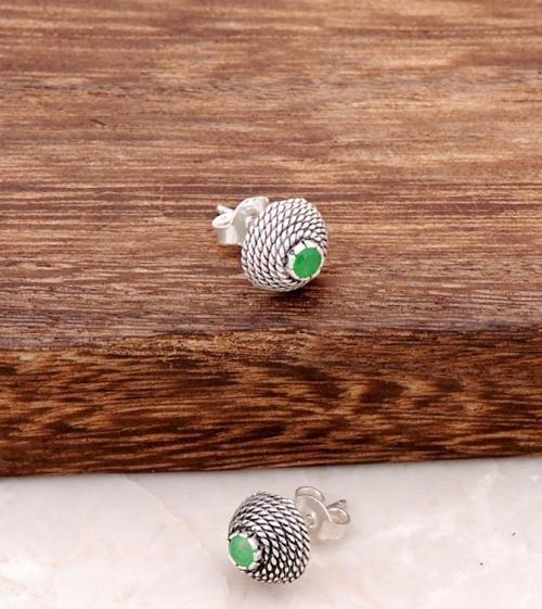 Kök Zümrüt Taşlı Tel Burma Gümüş Mini Küpe 485