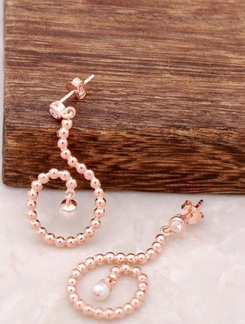 Rose Gümüş İnci Taşlı Tasarım Küpe 4176