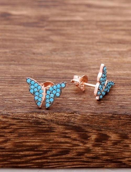 Kelebek Tasarımlı Turkuaz Taşlı Rose Gümüş Küpe 3788