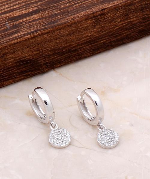 Pullu Taşlı Sallantılı Gümüş Halka Küpe 4932