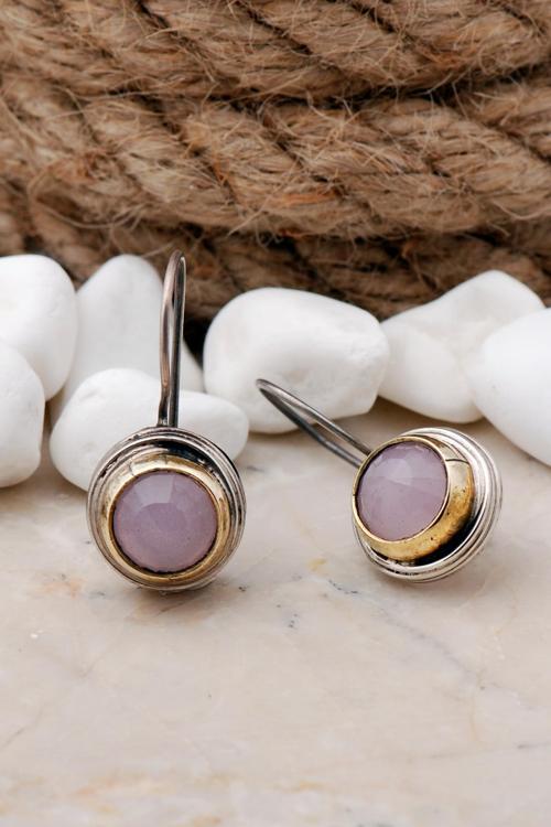 Pembe Kuvars Taşlı Tel Sarma Elişi Gümüş Küpe 85