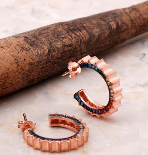 Rose Gümüş 19 Mm Mix Taşlı Halka Küpe 5038