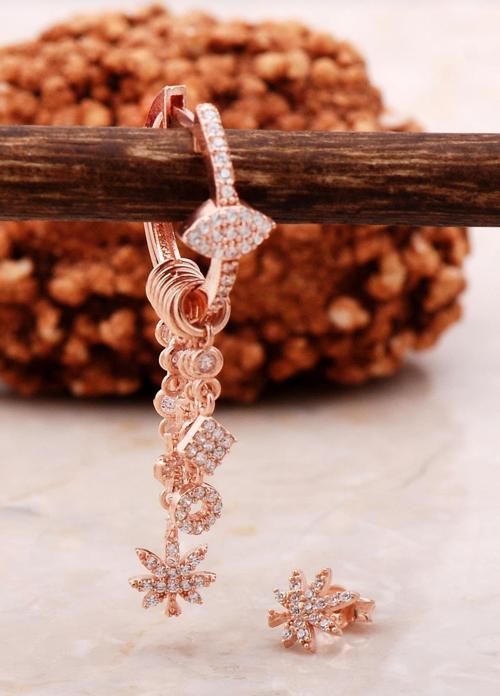 Yaprak Rose Gümüş Kombin Şans Küpe 5474