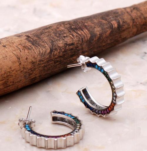 Mix Taşlı 19 Mm Gümüş Halka Küpe 5039