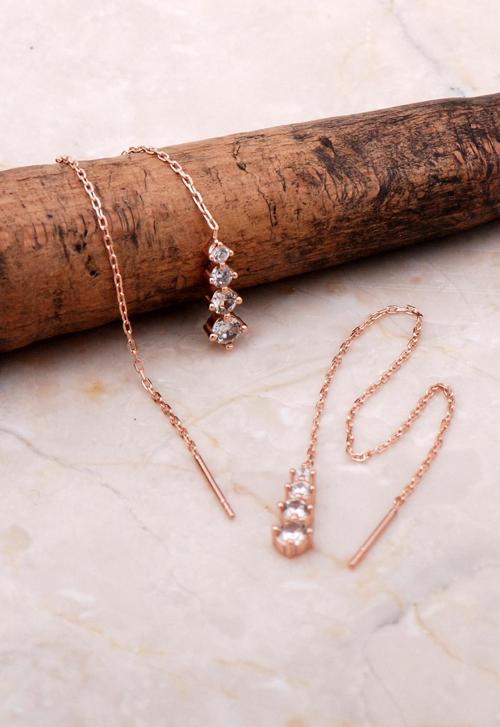 Rose Gümüş Sıra Taşlı Zincir Küpe 5083