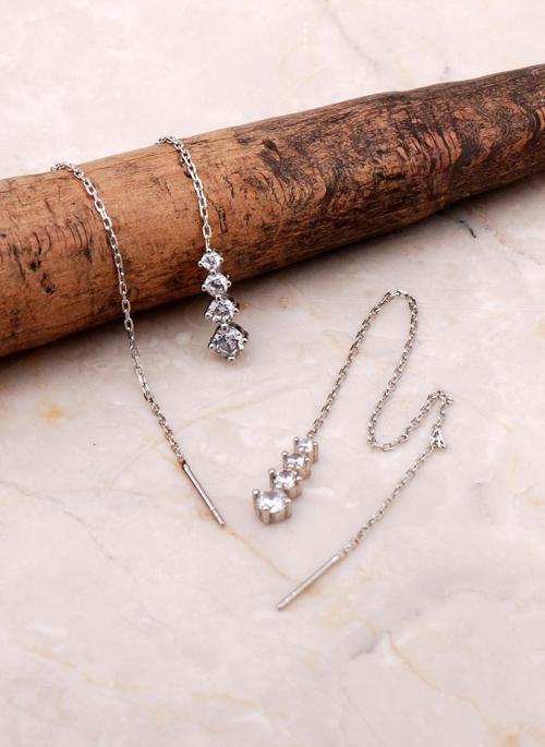 Sıra Taşlı Gümüş Zincir Küpe 5085