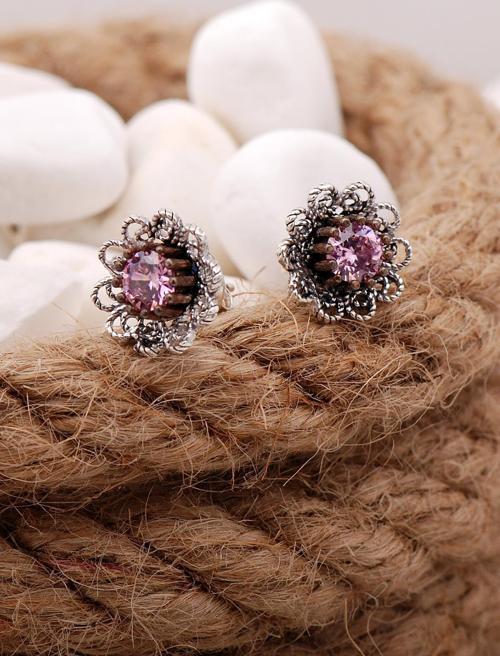 Pembe Kuvars Taşlı Telkari Elişi Gümüş Küpe 5579