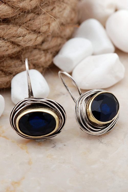 Safir Taşlı Tel Sarma Elişi Gümüş Küpe 5604