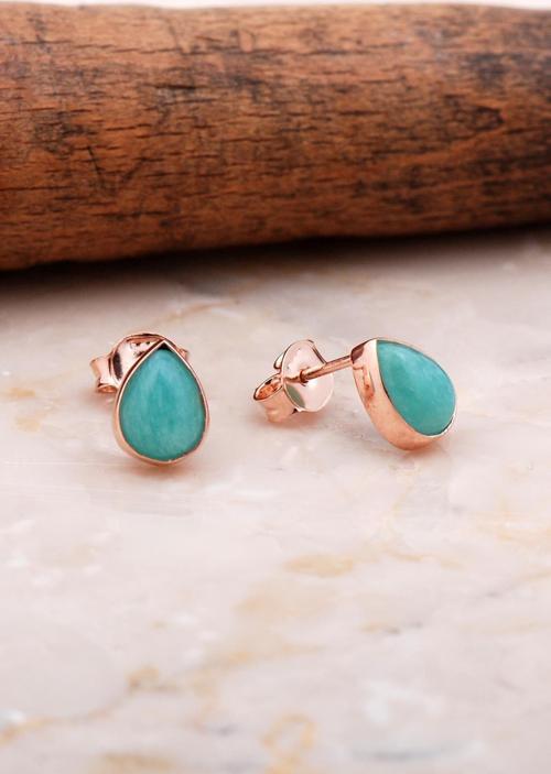 Doğal Amazonit Taşlı Damla Mini Rose Gümüş Küpe 5839