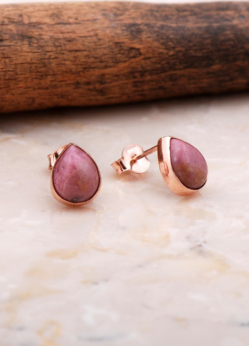 Doğal Rodonit Taşlı Damla Mini Rose Gümüş Küpe 5842