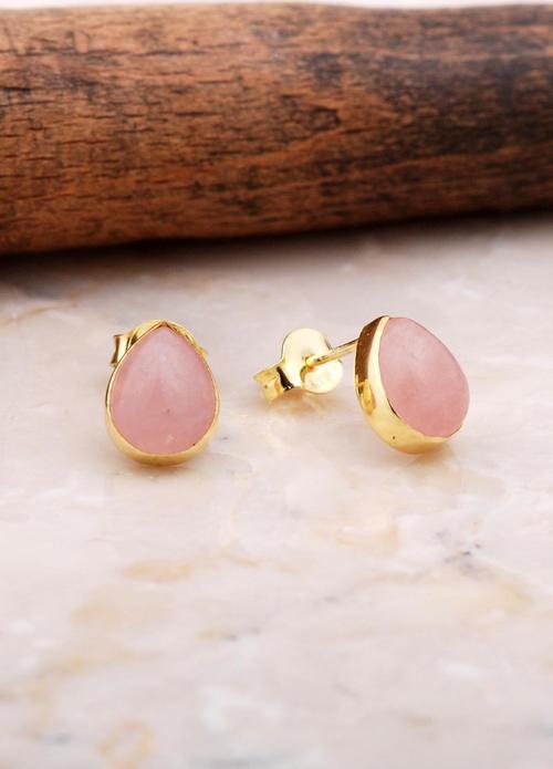 Doğal Pembe Kuvars Taşlı Damla Mini Altın Yaldızlı Gümüş Küpe 5847