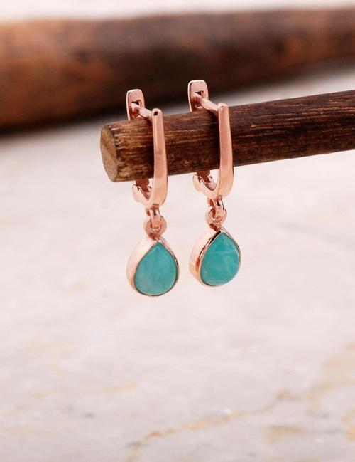 Doğal Amazonit Taşlı Damla Mini Rose Gümüş Küpe 5863