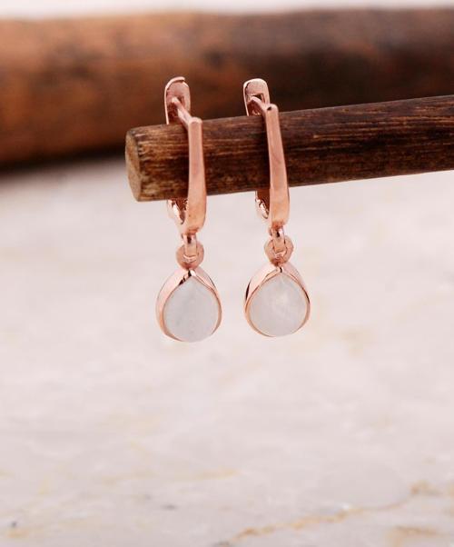 Doğal Ay Taşlı Damla Mini Rose Gümüş Küpe 5866