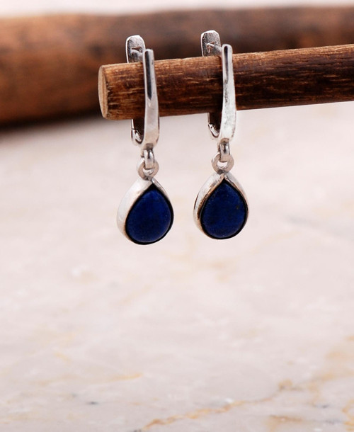 Doğal Lapis Lazuli Taşlı Damla Mini Rodyumlu Gümüş Küpe 5867