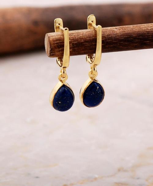 Doğal Lapis Lazuli Taşlı Damla Mini Altın Yaldızlı Gümüş Küpe 5868